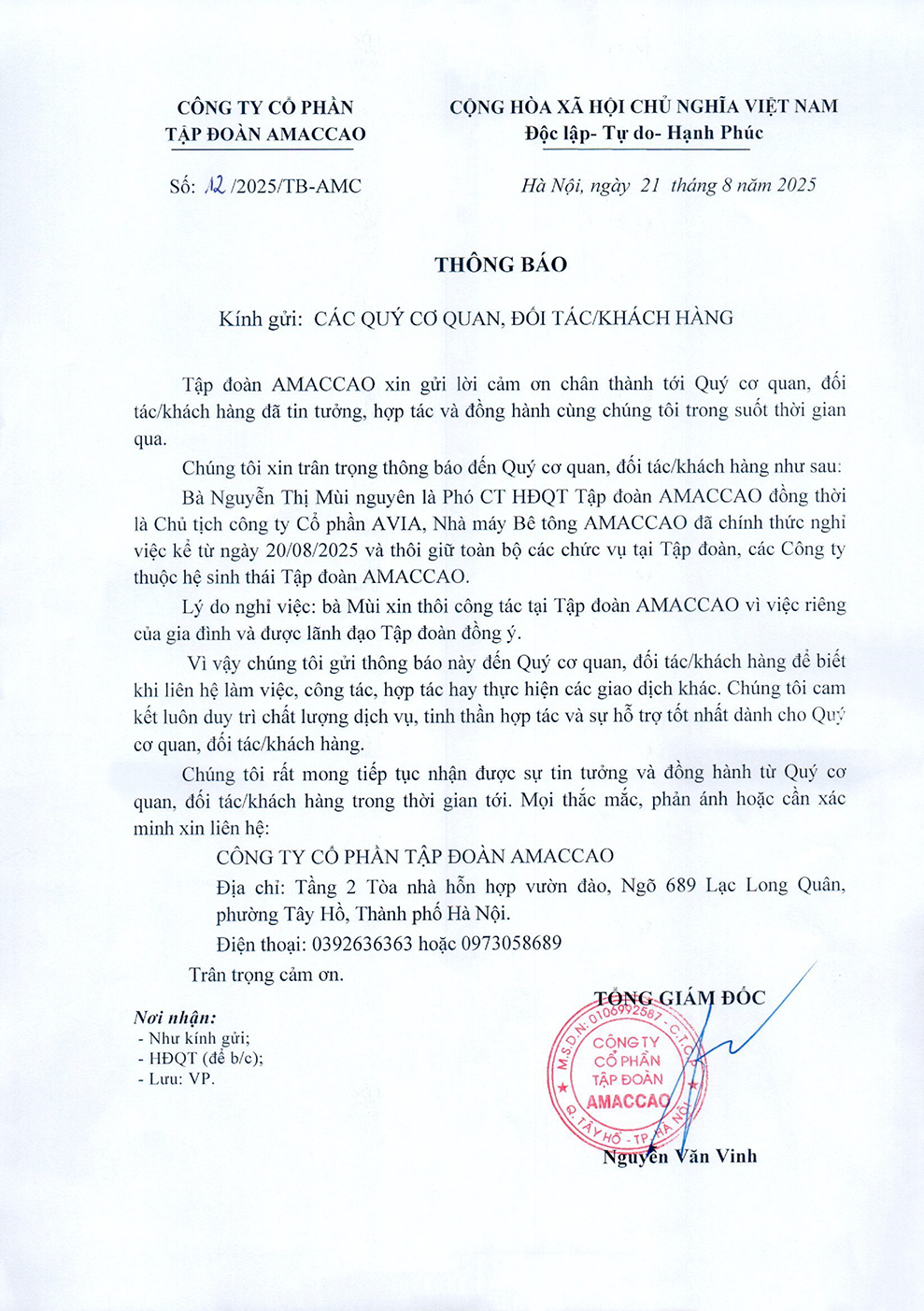 Công ty CP Tập đoàn AMACCAO thông báo nhân sự nghỉ việc